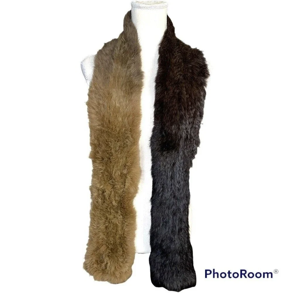 Jocelyn Fur Rabbit Fur Knitted Scarf Brown Infinity two tone